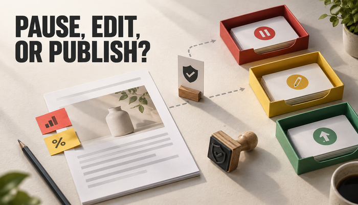Editorial hero image of a scheduled article card meeting stock, promotion, and product-detail change notes at a review checkpoint, with the headline Pause, Edit, or Publish.