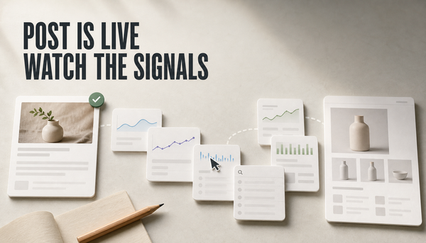 Editorial hero showing a newly published Shopify blog post card connected to post-publish signal cards and a generic product page, with headline text: Post is live, watch the sign...