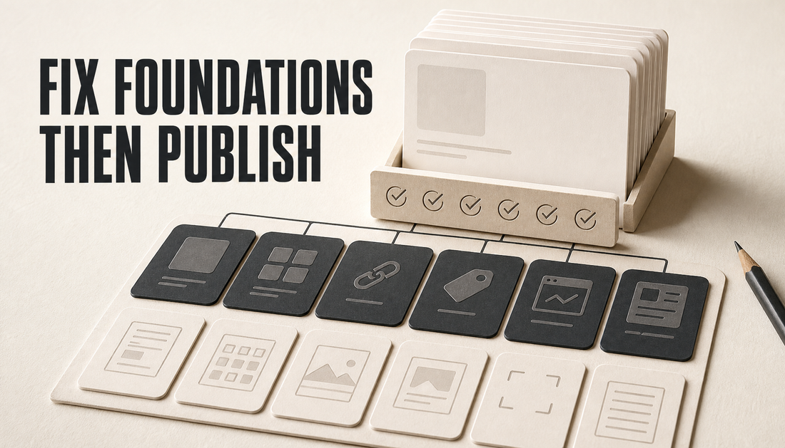 Editorial hero image with the headline “FIX FOUNDATIONS / THEN PUBLISH,” showing a paused stack of blog draft cards above organized store foundation checklist cards.