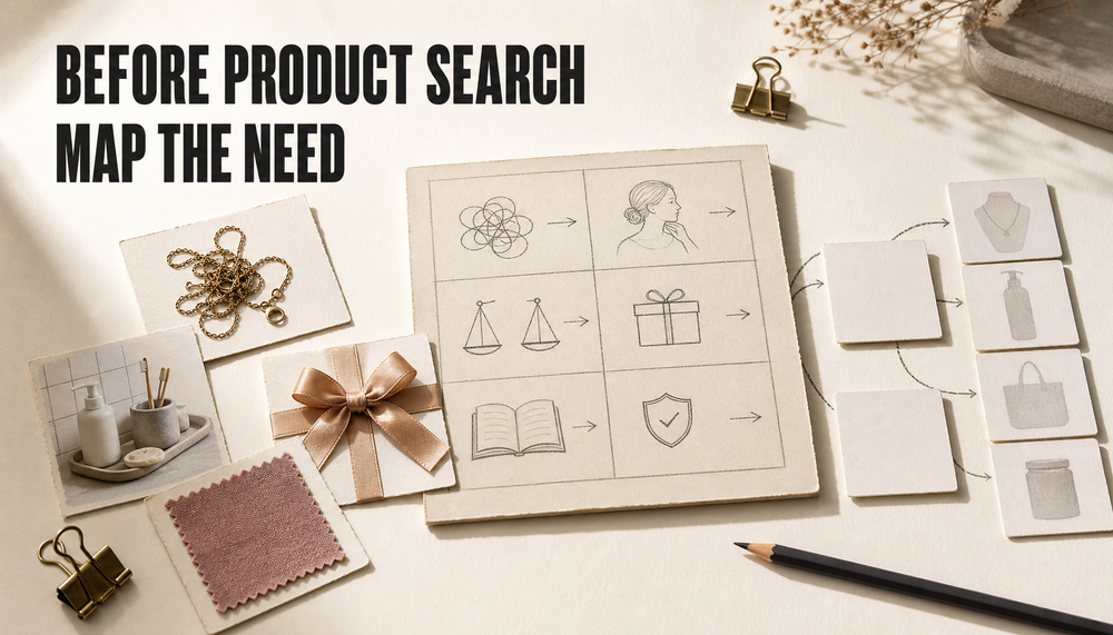 Editorial tabletop scene mapping early buyer questions into Shopify blog topics and blank product paths, with headline text reading BEFORE PRODUCT SEARCH, MAP THE NEED.