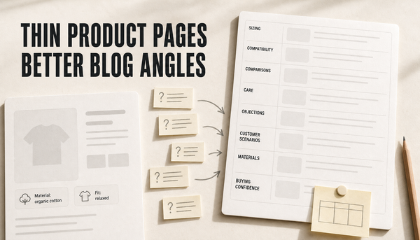 Editorial hero showing a sparse product page card sending unanswered buyer questions into an organized blog article planning card, with the headline Thin Product Pages, Better Blo...
