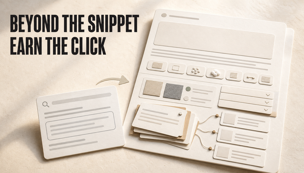 Editorial hero showing a short summary card leading into a richer layered Shopify article card, with the headline Beyond the Snippet, Earn the Click.