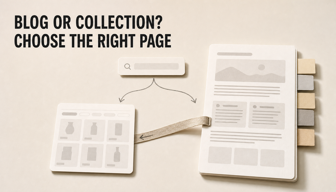 Editorial decision-board hero showing a search-intent card split between a product collection page card and a blog article card, with the headline Blog or Collection? Choose the R...
