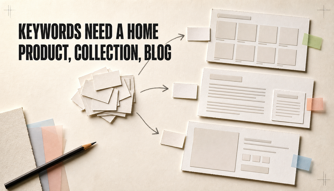 Editorial hero image showing blank keyword cards sorted into product, collection, and blog page cards, with the headline Keywords Need a Home.