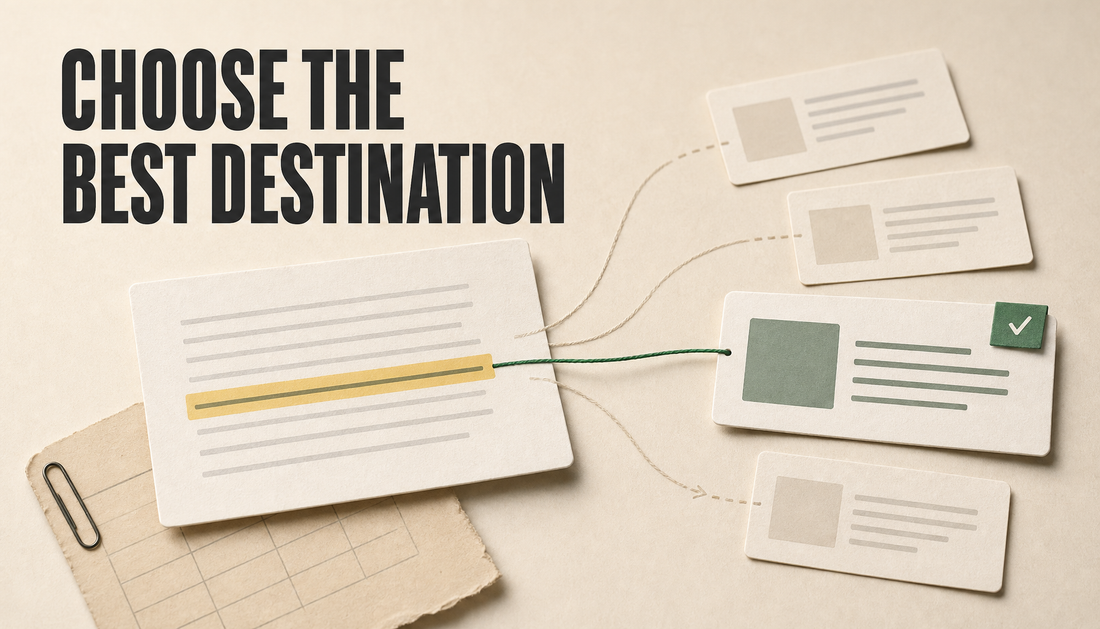 Editorial paper-card hero showing a blog paragraph choosing one best internal-link destination from several possible Shopify page cards.