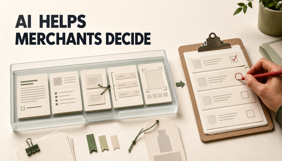 Editorial workflow table showing AI-assisted blog task cards moving into a merchant review clipboard under the headline AI Helps Merchants Decide.