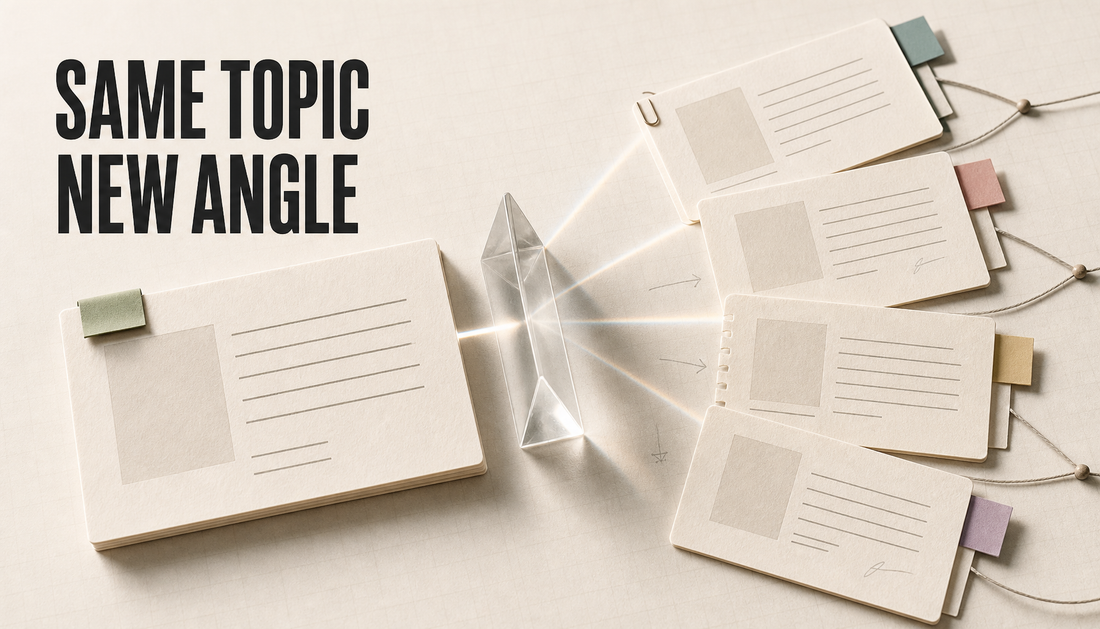 Editorial hero showing one blog topic card passing through a prism and becoming several new article angle cards, with the headline Same Topic New Angle.