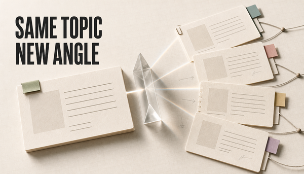 Editorial hero showing one blog topic card passing through a prism and becoming several new article angle cards, with the headline Same Topic New Angle.