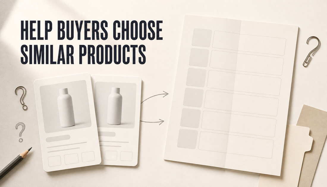 Editorial hero showing two similar blank product cards being organized into a comparison guide card, with the headline Help Buyers Choose Similar Products.
