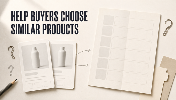 Editorial hero showing two similar blank product cards being organized into a comparison guide card, with the headline Help Buyers Choose Similar Products.