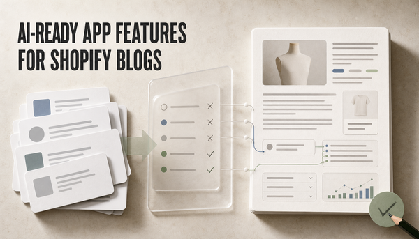 Editorial hero showing vague app cards being filtered into a structured Shopify blog article card, with the headline AI-ready app features for Shopify blogs.