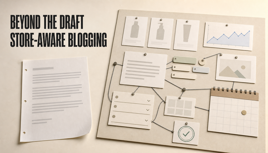 Editorial hero image showing an isolated blog draft beside a connected store-aware Shopify blogging workflow board for product-aware SEO decisions.