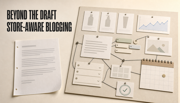 Editorial hero image showing an isolated blog draft beside a connected store-aware Shopify blogging workflow board for product-aware SEO decisions.