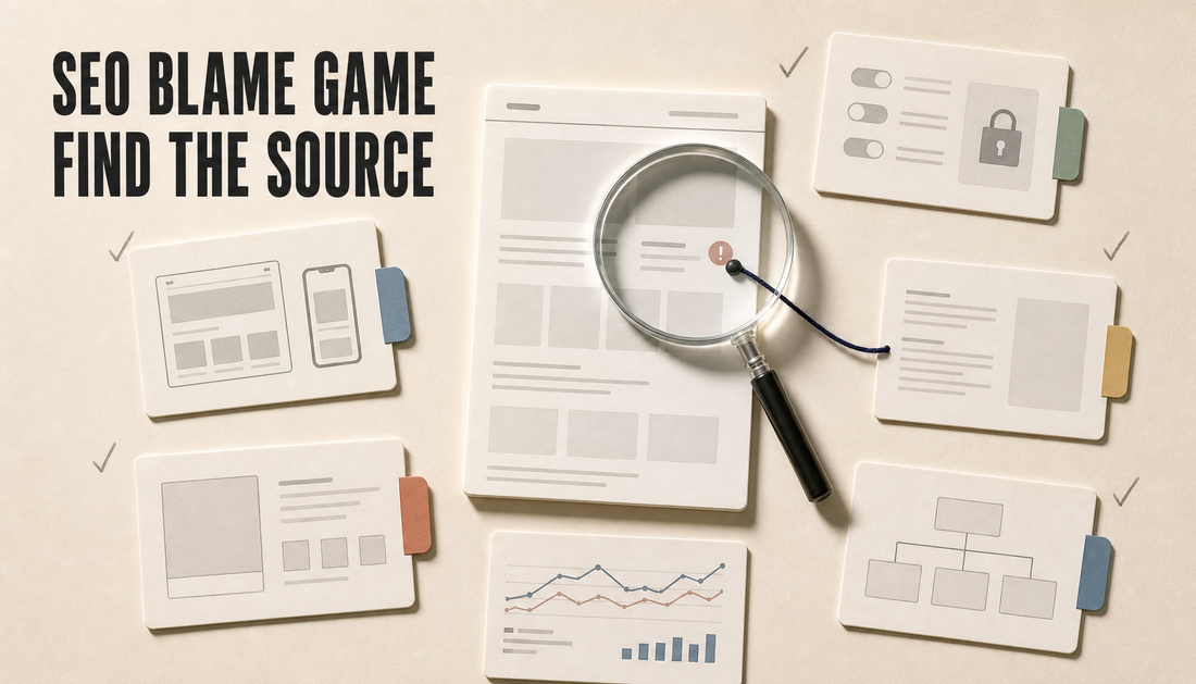 Editorial desk scene showing a generic storefront page under a magnifying glass, with separate SEO evidence cards around it and the headline SEO Blame Game, Find the Source.