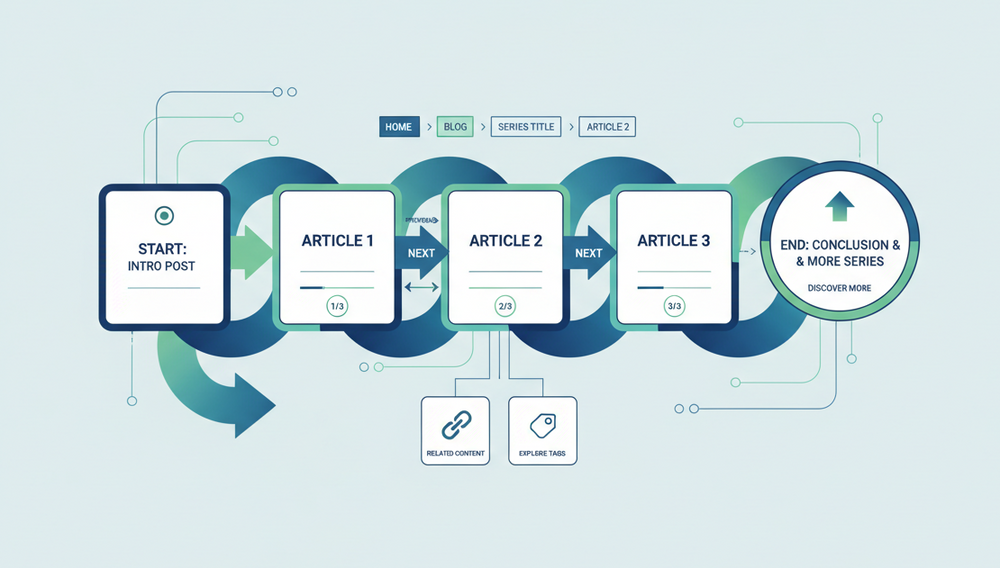 Image about Series Navigation Patterns That Keep Readers Moving $ square sectiosn showing the path and linking of articles
