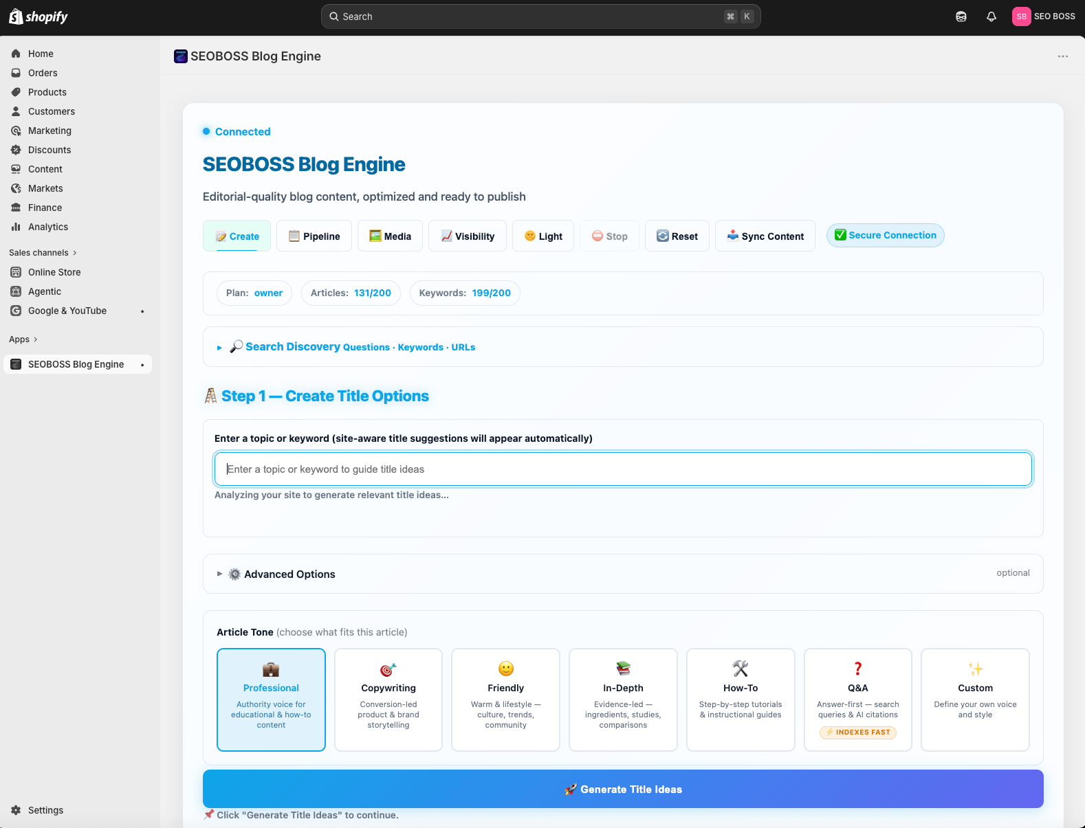 SEOBoss create screen in Shopify admin
