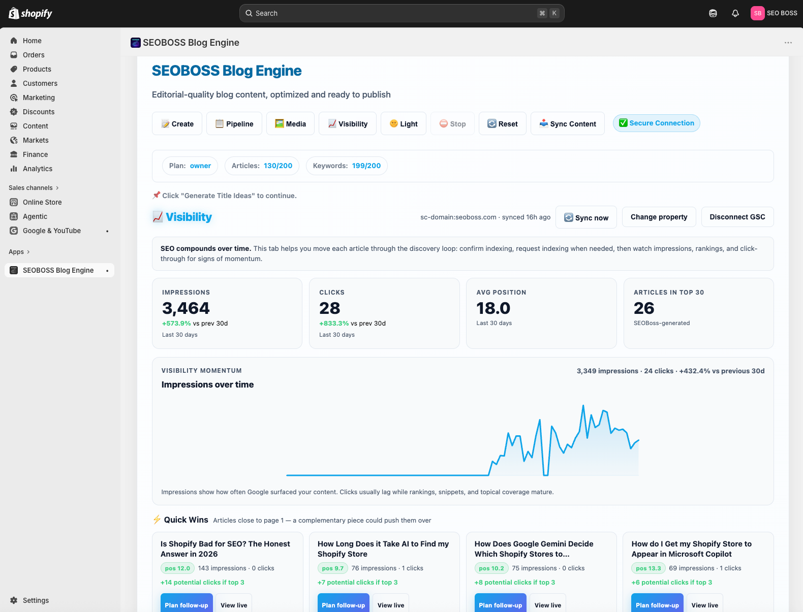 SEOBoss Visibility tab using Google Search Console data